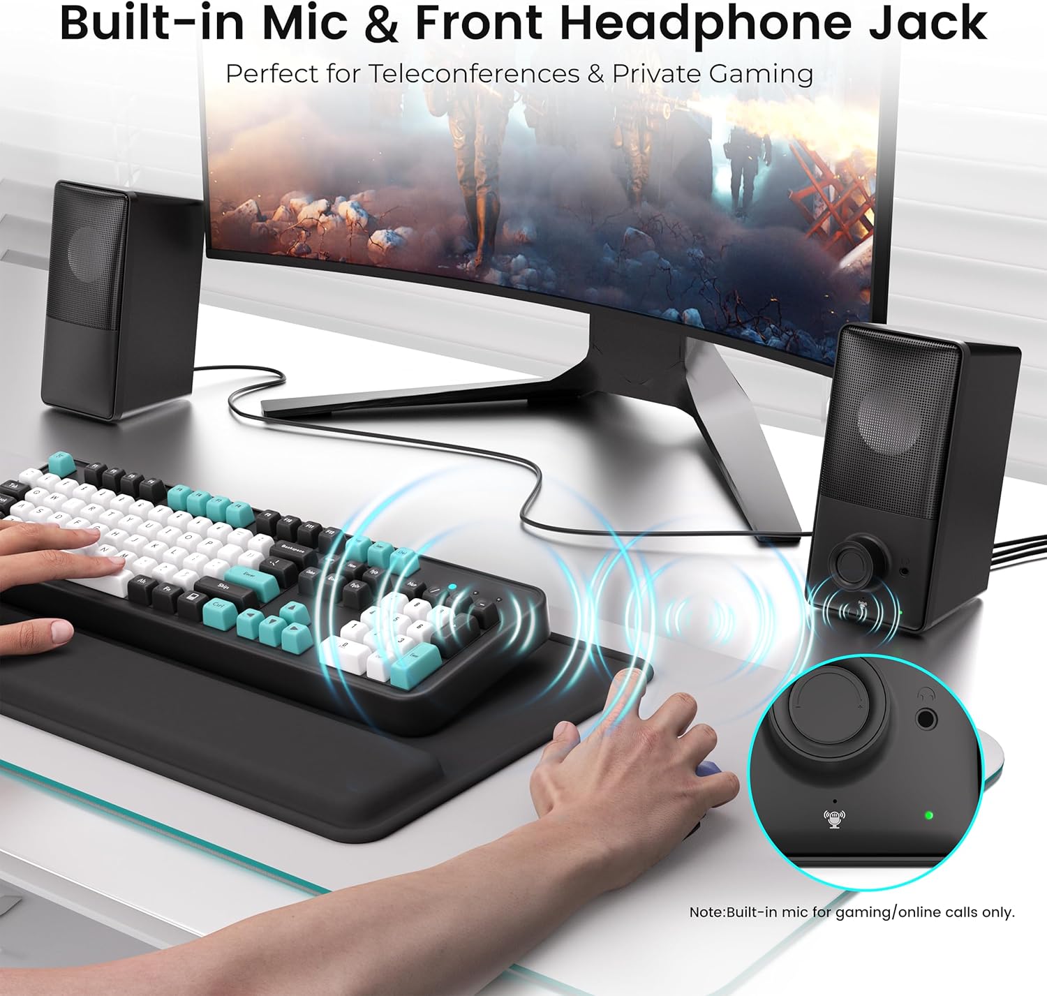 Computer Speakers with Bluetooth 5.4, 14W Bass Reflex Stereo PC Speakers with 15° Tilted Design, USB Powered & AUX Inputs, Built-in Mic & Headphone Jack for Desktop, Laptop, and Phones - Image 4