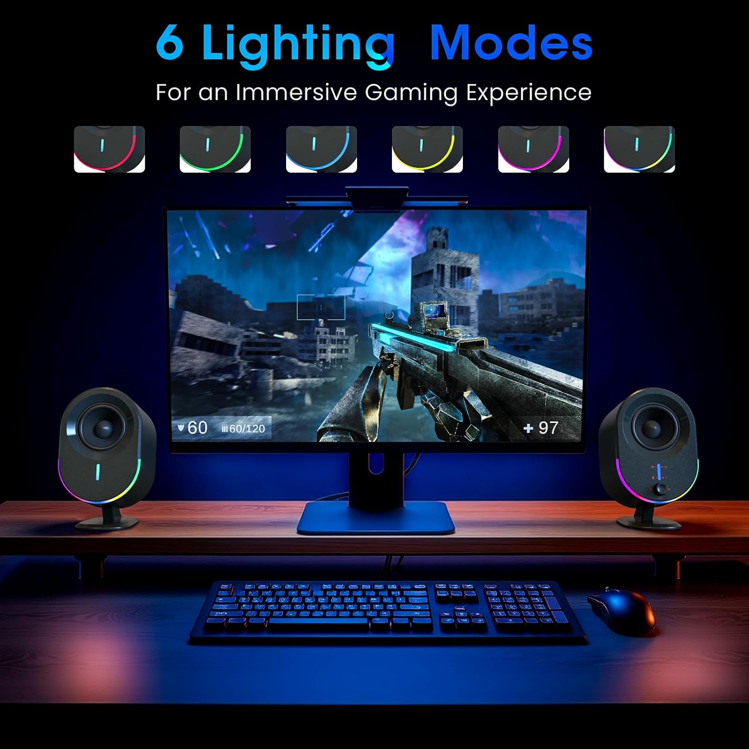 Computer Speakers, littoak Bluetooth PC Speakers, AC Powered Gaming Speaker with 3 EQ Modes, Stereo Speakers with 6 RGB Modes, Aux in, Headphone, USB port Speaker for Laptop/Desktop/TV, 2*15W, 2.0 CH - Image 5