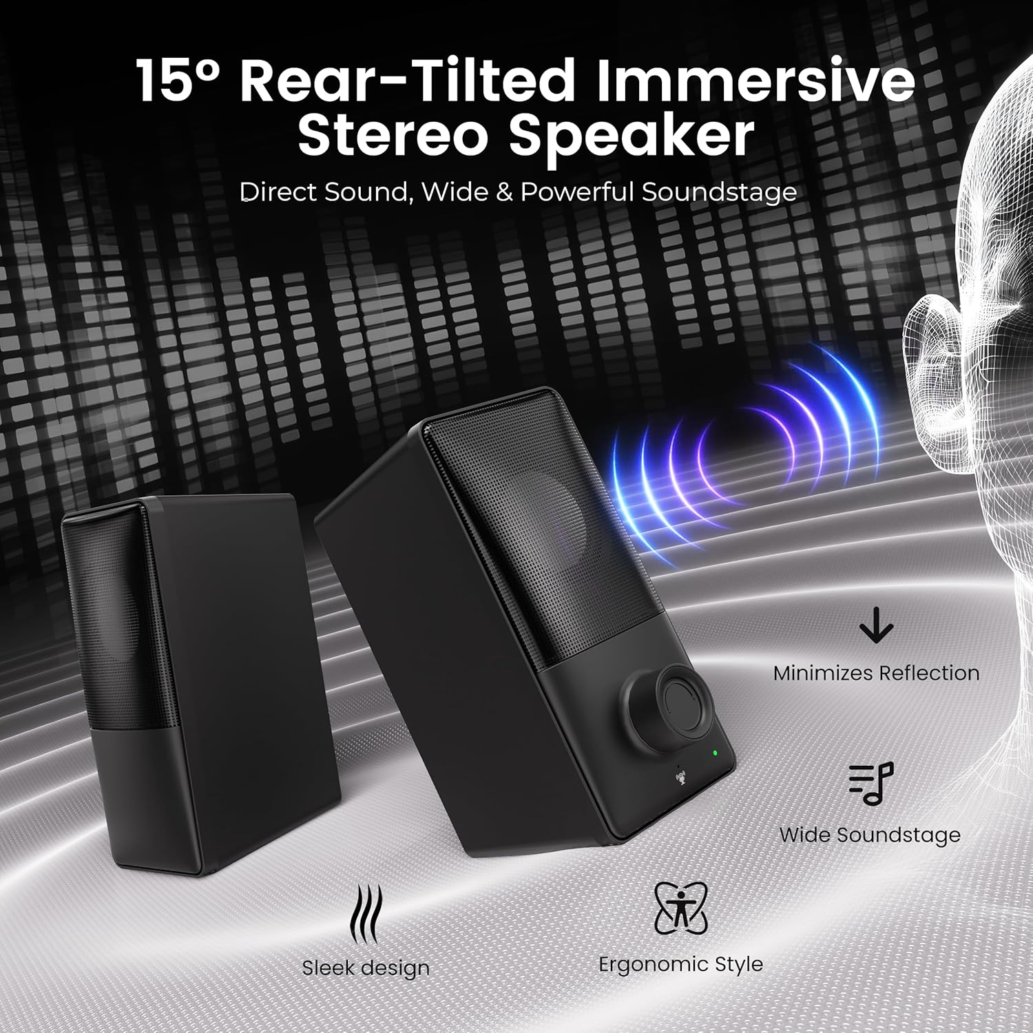 Computer Speakers with Bluetooth 5.4, 14W Bass Reflex Stereo PC Speakers with 15° Tilted Design, USB Powered & AUX Inputs, Built-in Mic & Headphone Jack for Desktop, Laptop, and Phones - Image 2