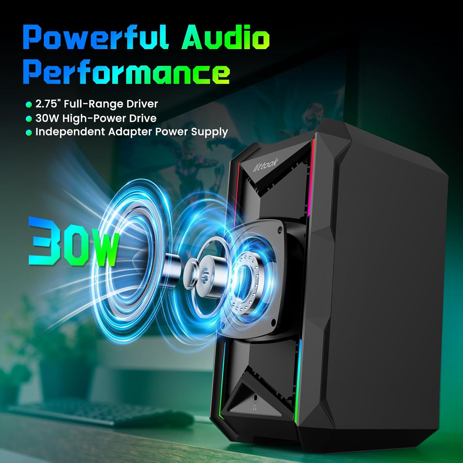 LITTOAK Computer Speakers for Music and Gaming, DC Adapter Powered Speakers for Desktop PC or Laptop, Bluetooth 5.3 Desktop Speaker, 10 RGB Modes, 3.5mm Aux in, Headphone Port, Type-c Port, 30W, 3 EQ - Image 2