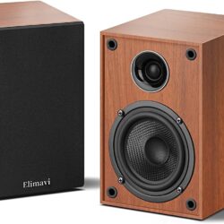 Elimavi Powered Bluetooth 5.3 Bookshelf Speakers - 60W Record Player Speakers with 4" Carbon Fiber Woofer & USB-C/RCA Input, Wooden Monitor Speakers for Turntables, PC, TV, Gaming, Brown