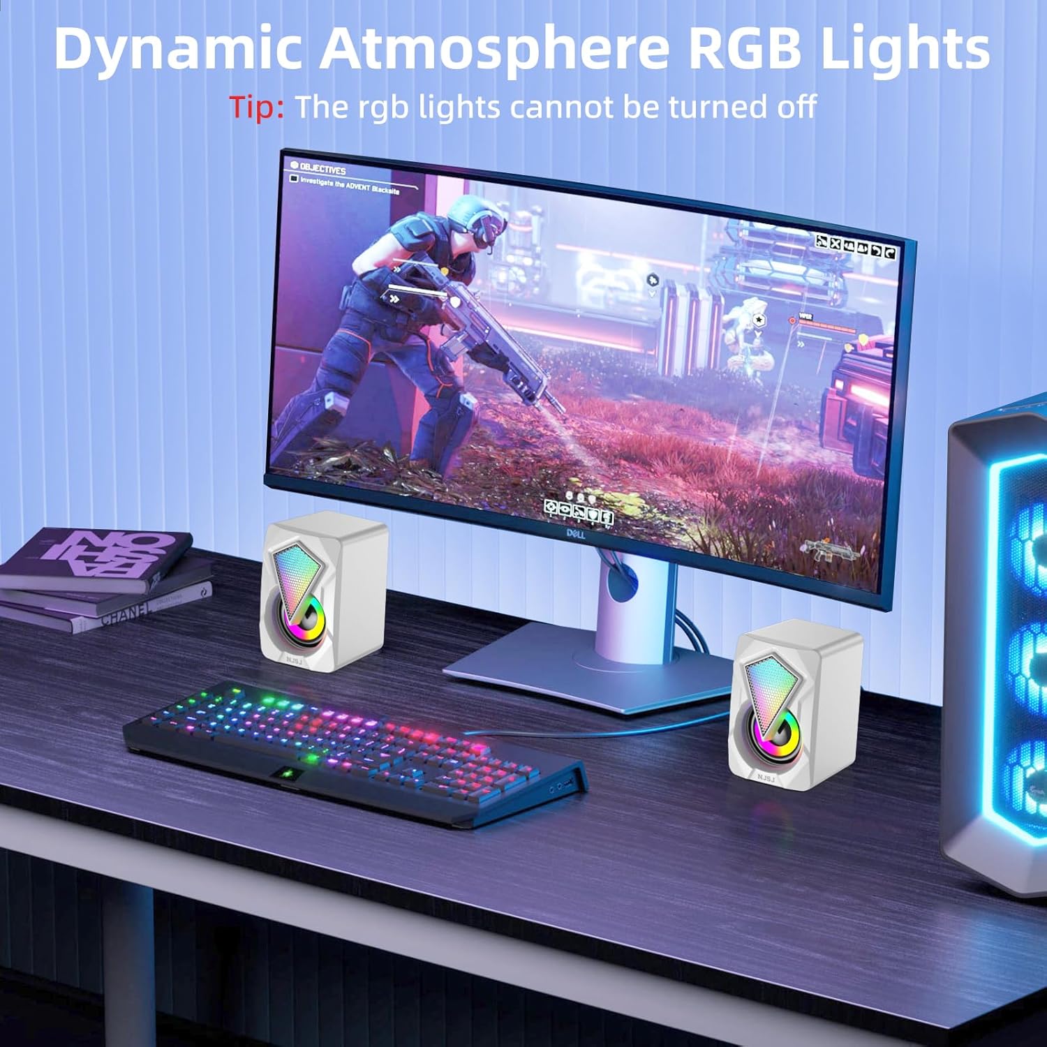NJSJ Computer Speakers for Desktop, USB-Powered Stereo 2.0 PC Speakers, Portable Small Speaker for Laptop Monitor with 3.5mm Aux Input, Colorful LED Lights - White - Image 3