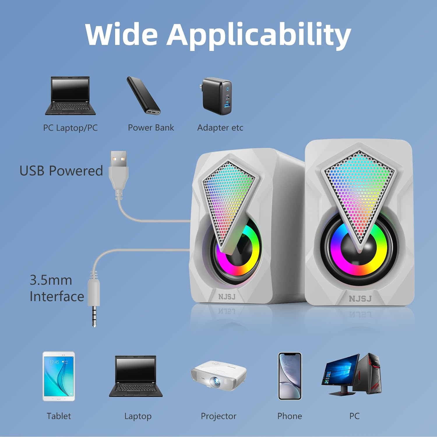 NJSJ Computer Speakers for Desktop, USB-Powered Stereo 2.0 PC Speakers, Portable Small Speaker for Laptop Monitor with 3.5mm Aux Input, Colorful LED Lights - White - Image 5