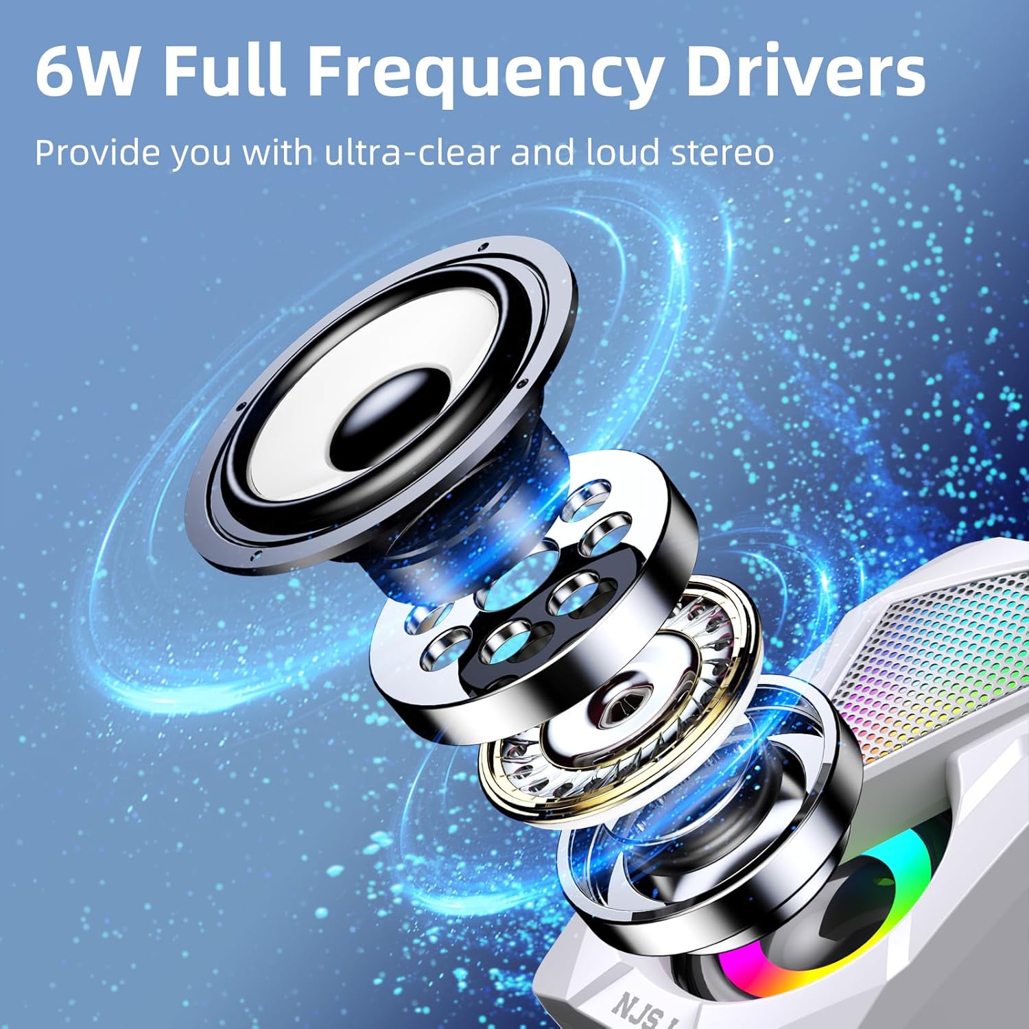 NJSJ Computer Speakers for Desktop, USB-Powered Stereo 2.0 PC Speakers, Portable Small Speaker for Laptop Monitor with 3.5mm Aux Input, Colorful LED Lights - White - Image 2