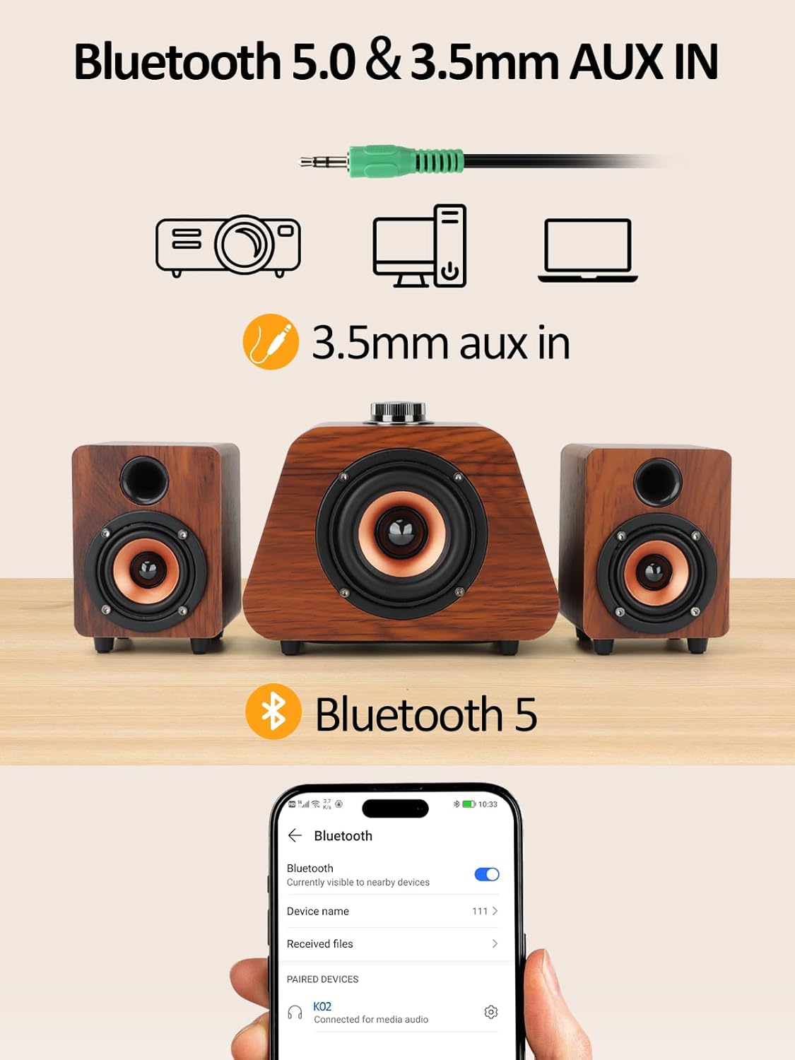Computer Speakers, Mini PC Speaker with subwoofer,2.1 USB Powered Desktop Speakers, Bluetooth 5.0 and RCA Input pc Speakers for Desktop, Laptops, Phonograph, Phones, Tablets(K02) (Brown) - Image 5