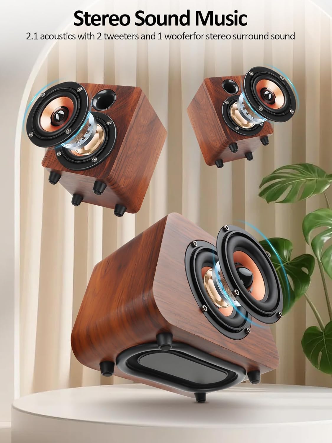 Computer Speakers, Mini PC Speaker with subwoofer,2.1 USB Powered Desktop Speakers, Bluetooth 5.0 and RCA Input pc Speakers for Desktop, Laptops, Phonograph, Phones, Tablets(K02) (Brown) - Image 2