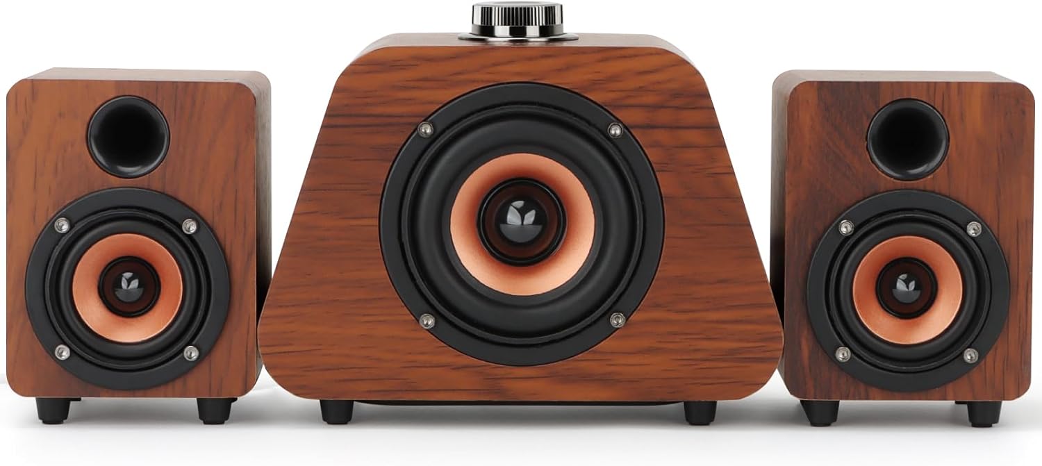 Computer Speakers, Mini PC Speaker with subwoofer,2.1 USB Powered Desktop Speakers, Bluetooth 5.0 and RCA Input pc Speakers for Desktop, Laptops, Phonograph, Phones, Tablets(K02) (Brown)