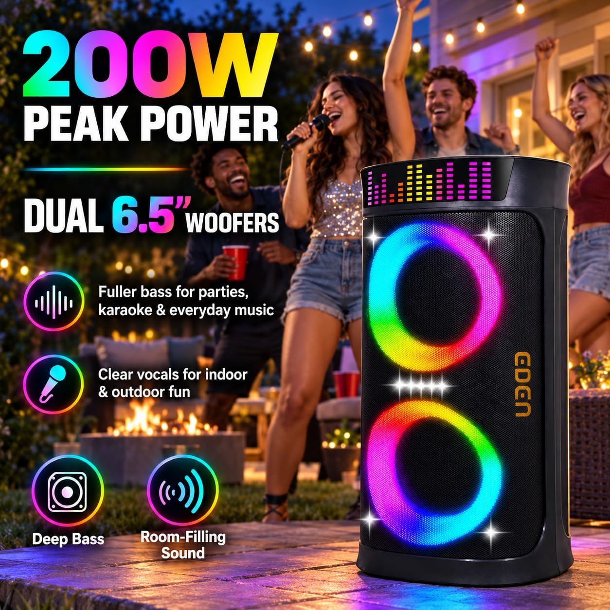 200W Party Speaker, Dual 6.5" Woofers, 6 EQ, Karaoke, Outdoor, Families - Image 2
