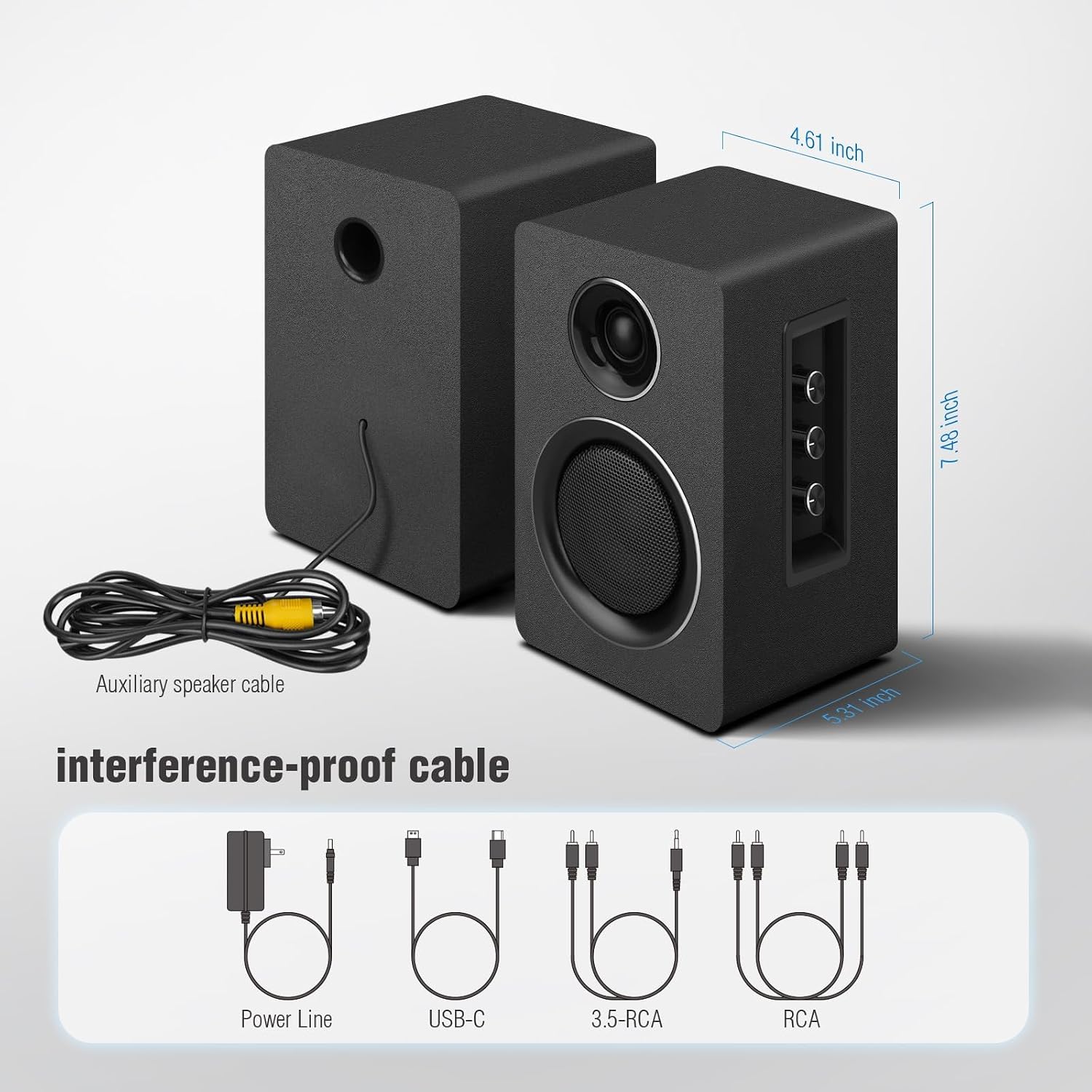 Computer Speakers, Bluetooth 5.3, USB-C, AUX/RCA, 3-Inch Woofer, Black - Image 6